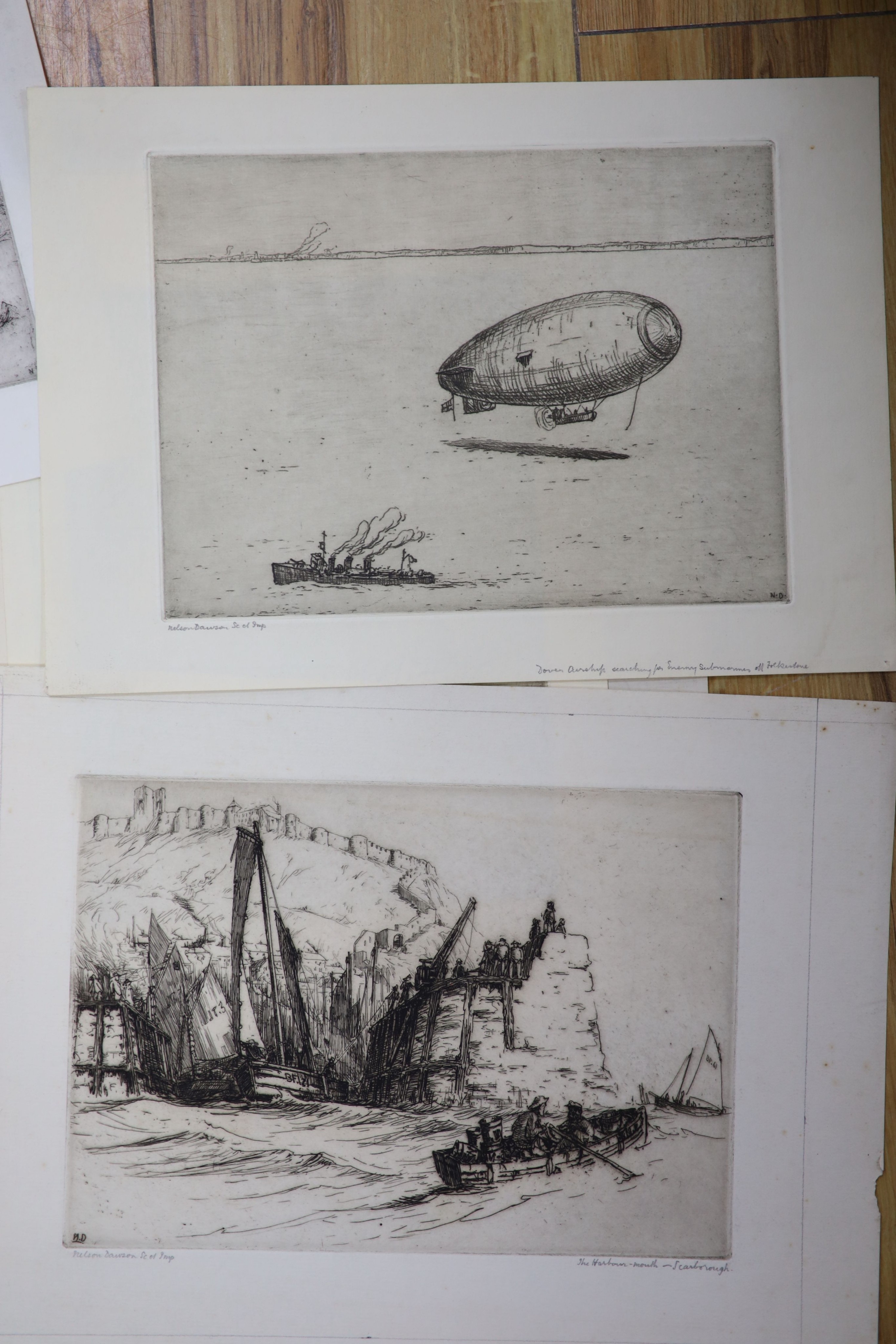 Nelson Dawson (1859-1941), a group of 12 unframed etchings, shipping at sea and coastal scenes